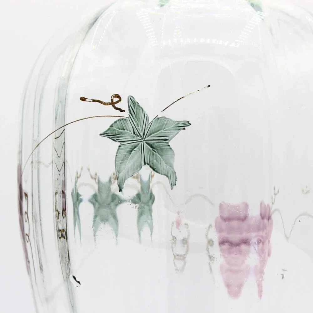 Vintage Large Glass Vase Etched Grape Design Hand Painted Accents by Wine Things